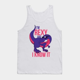 Cool dinosaur - illustration of a smiling t-rex wearing sunglasses “I’m rexy and I know it”. Trex lover gift Tank Top